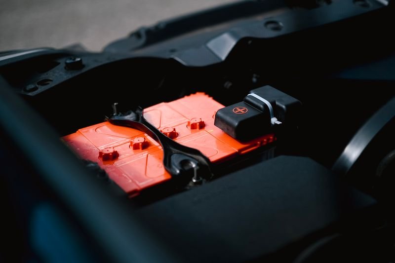 Close-up of a 12V battery installation
