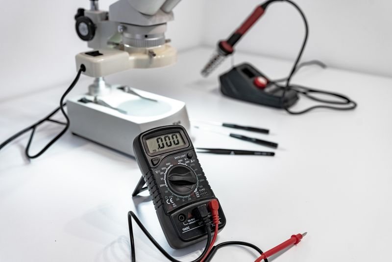 Electronics workbench with multimeter and components